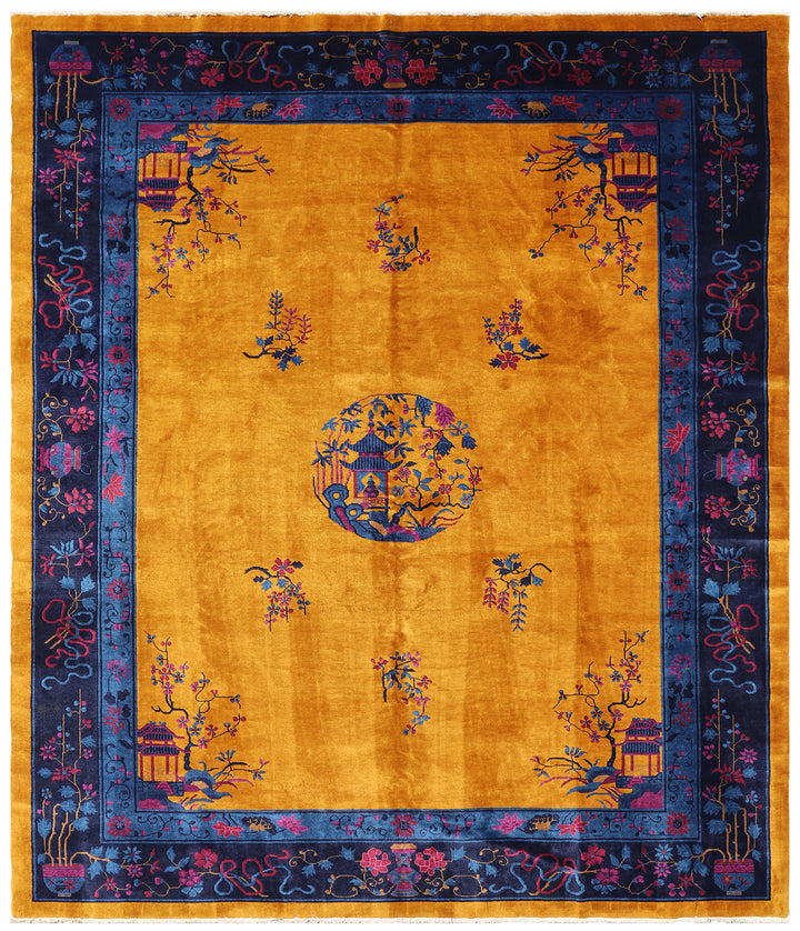 9'x11' Golden Yellow and Blue Floral Vintage Chinese Art Deco Rug