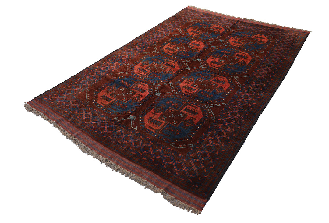 7'x10' Tribal Rust Brown Blue Afghan Elephant Foot Design Area Rug