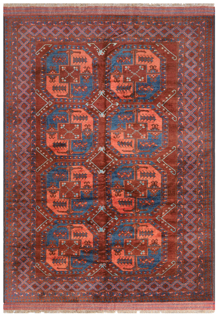 7'x10' Tribal Rust Brown Blue Afghan Elephant Foot Design Area Rug