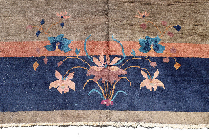 9'x12' Brown and Blue Vintage Chinese Art Deco Rug