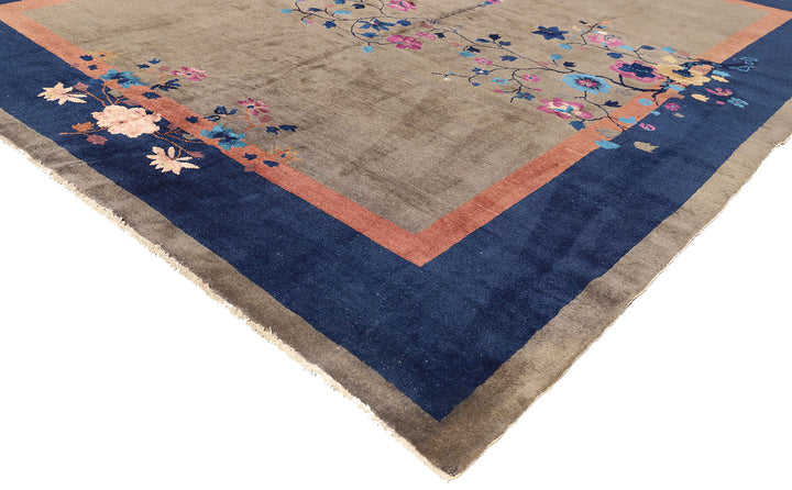 9'x12' Brown and Blue Vintage Chinese Art Deco Rug