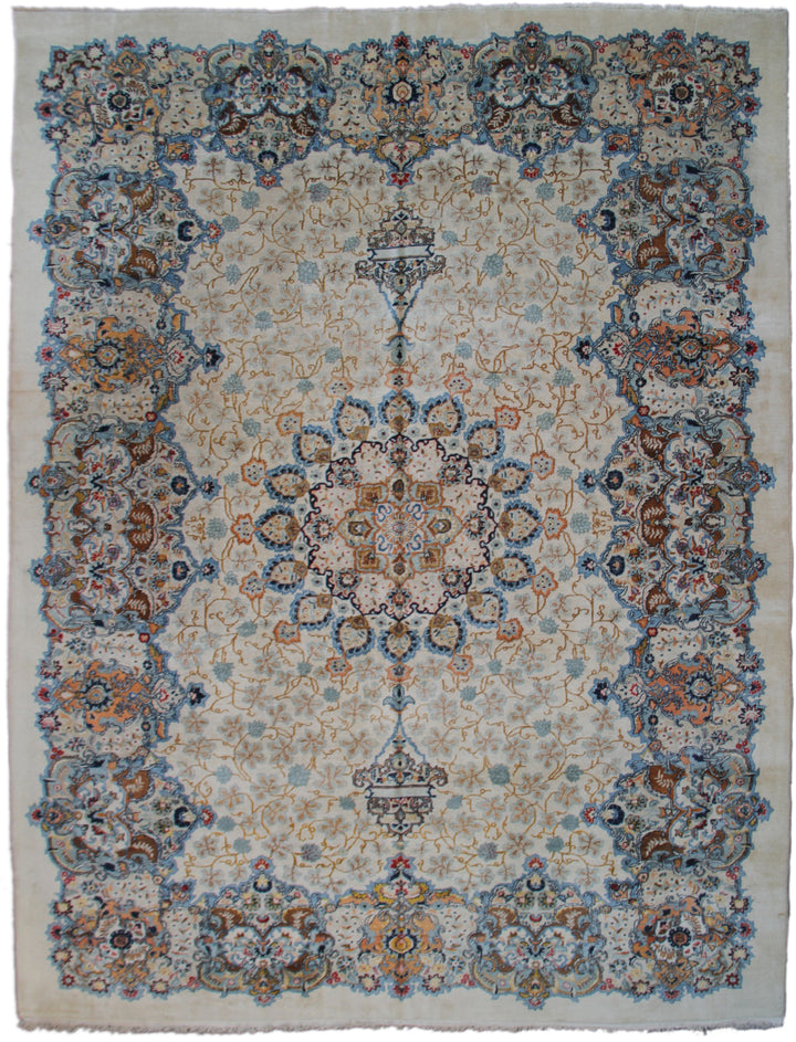 10'x13' Blue and Ivory European Floral Design Kerman Rug