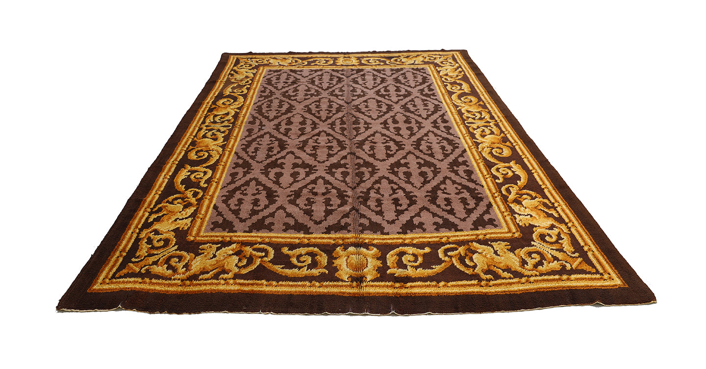 9'x13' Gold and Brown Antique Ventage Spanish Savonnerie Rug
