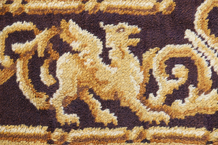 9'x13' Wool Rug | Antique Spanish Savonnerie | Gold & Brown | Detail