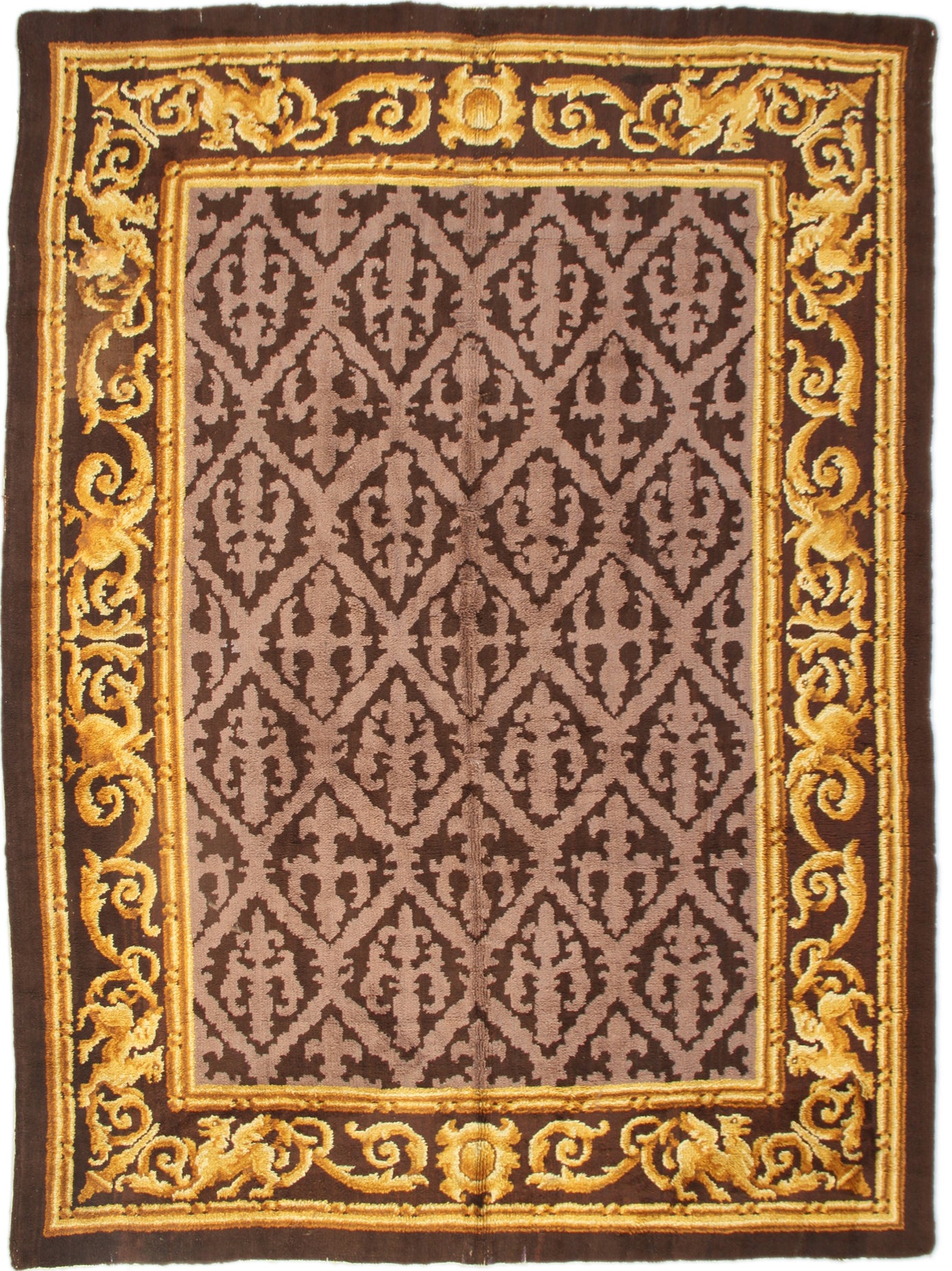9'x13' Gold and Brown Antique Ventage Spanish Savonnerie Rug