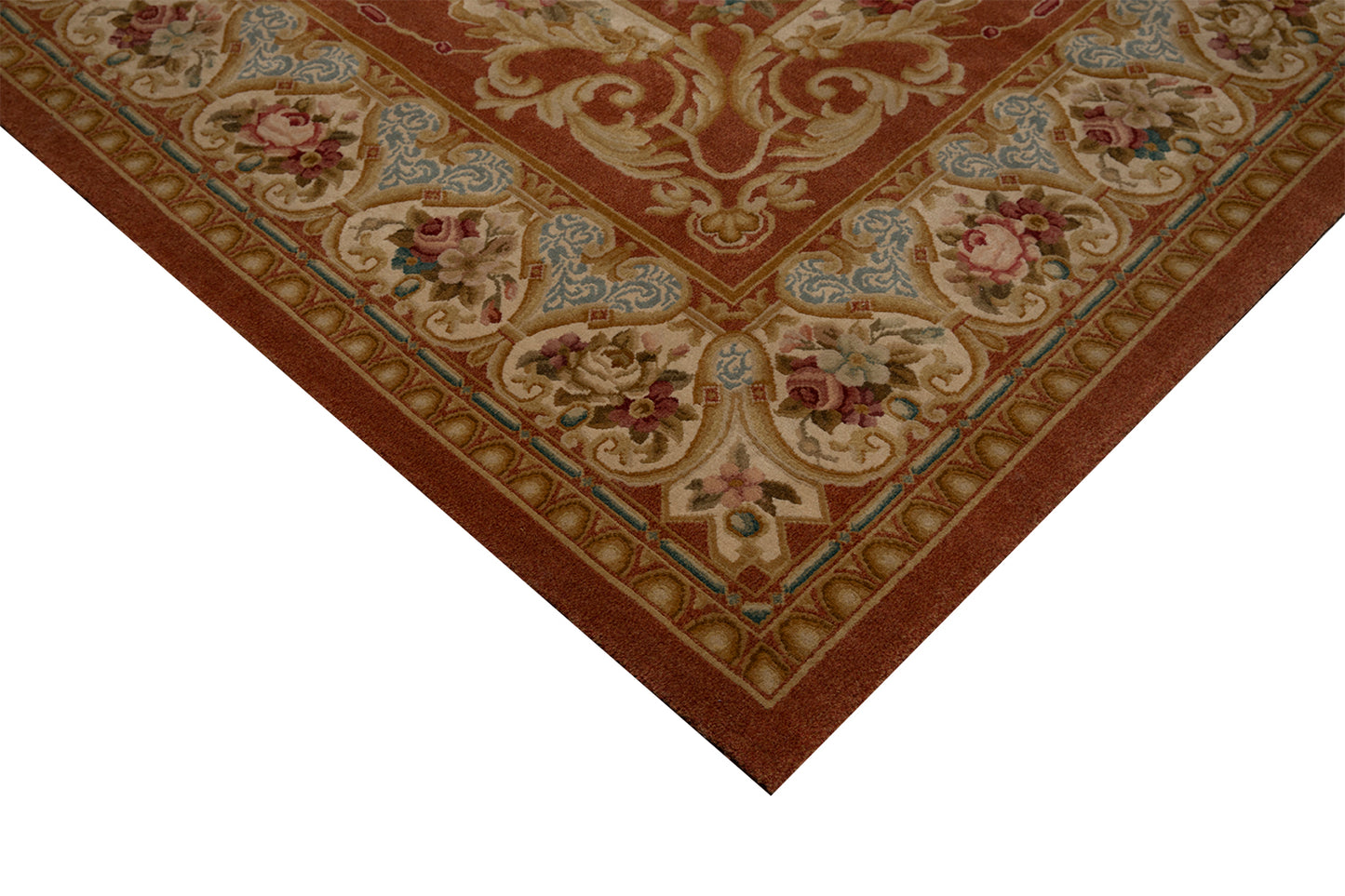 13x19 Rust Blue White Floral French Savonnerie Design Rug
