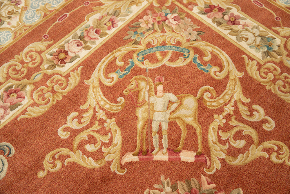 13x19 Rust Blue White Floral French Savonnerie Design Rug