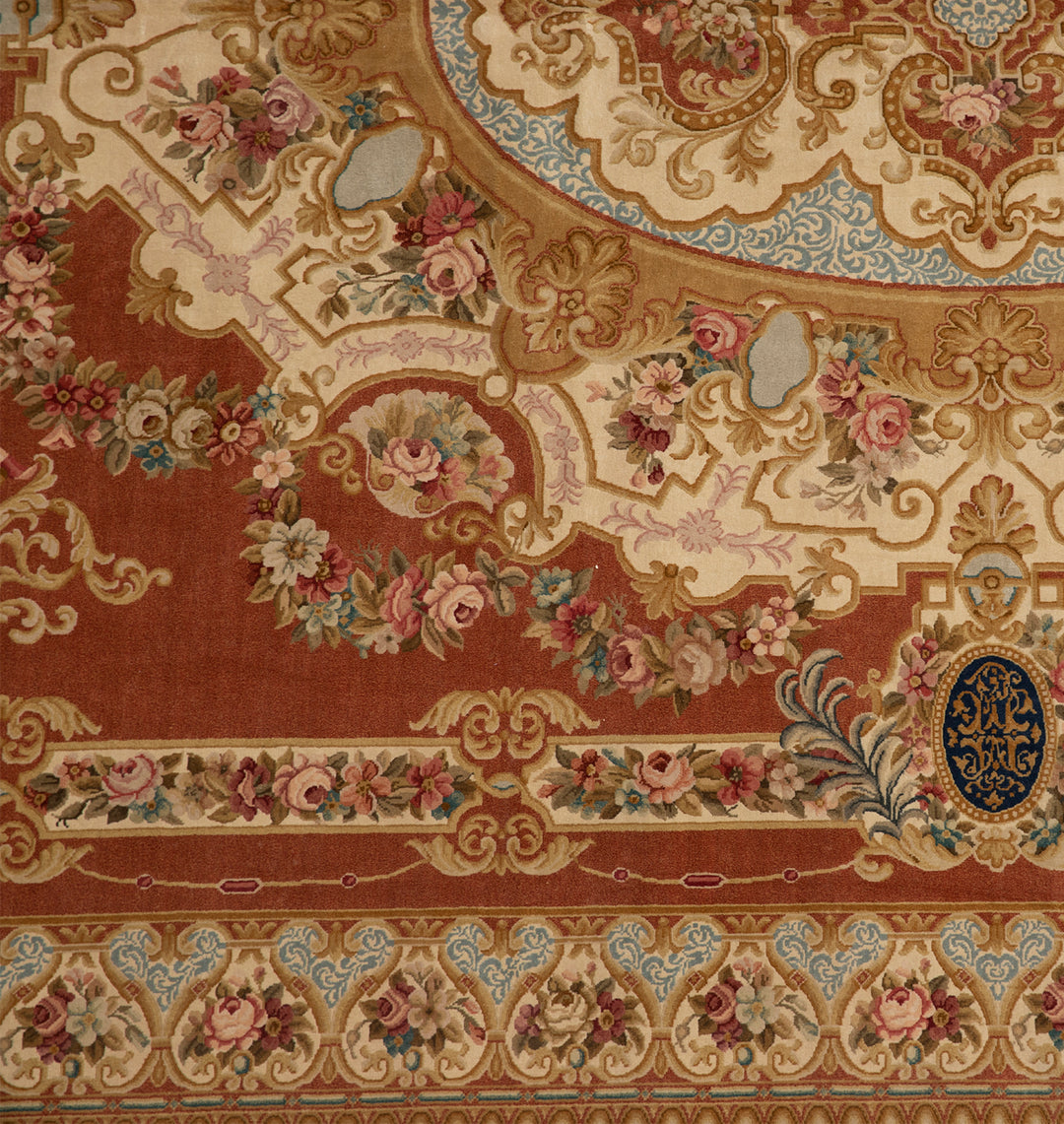 13x19 Rust Blue White Floral French Savonnerie Design Rug