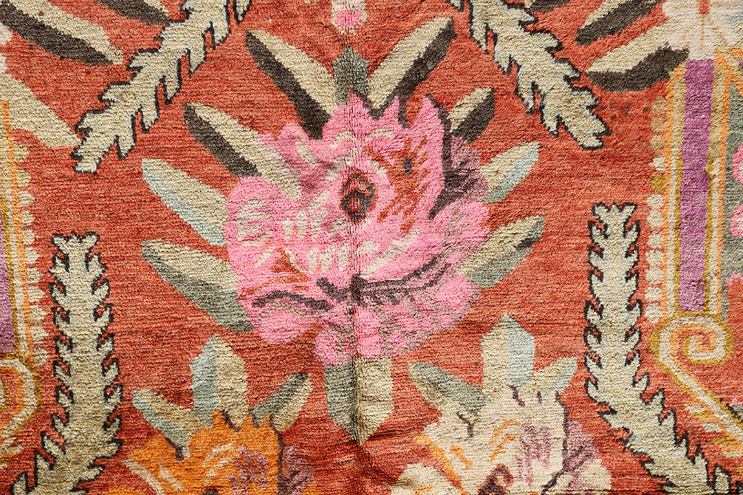 5'x8' Red Celadon Sage Pink Orange Floral Design Vintage Samarkand Yarkand Rug