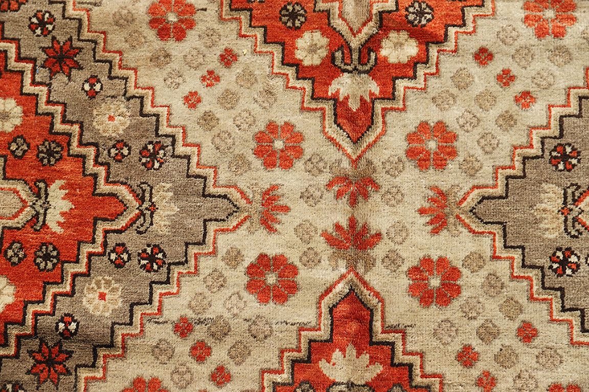 6'x9' Rust Cream Grey Ivory Geometric Design Vintage Samarkand Yarkand Rug