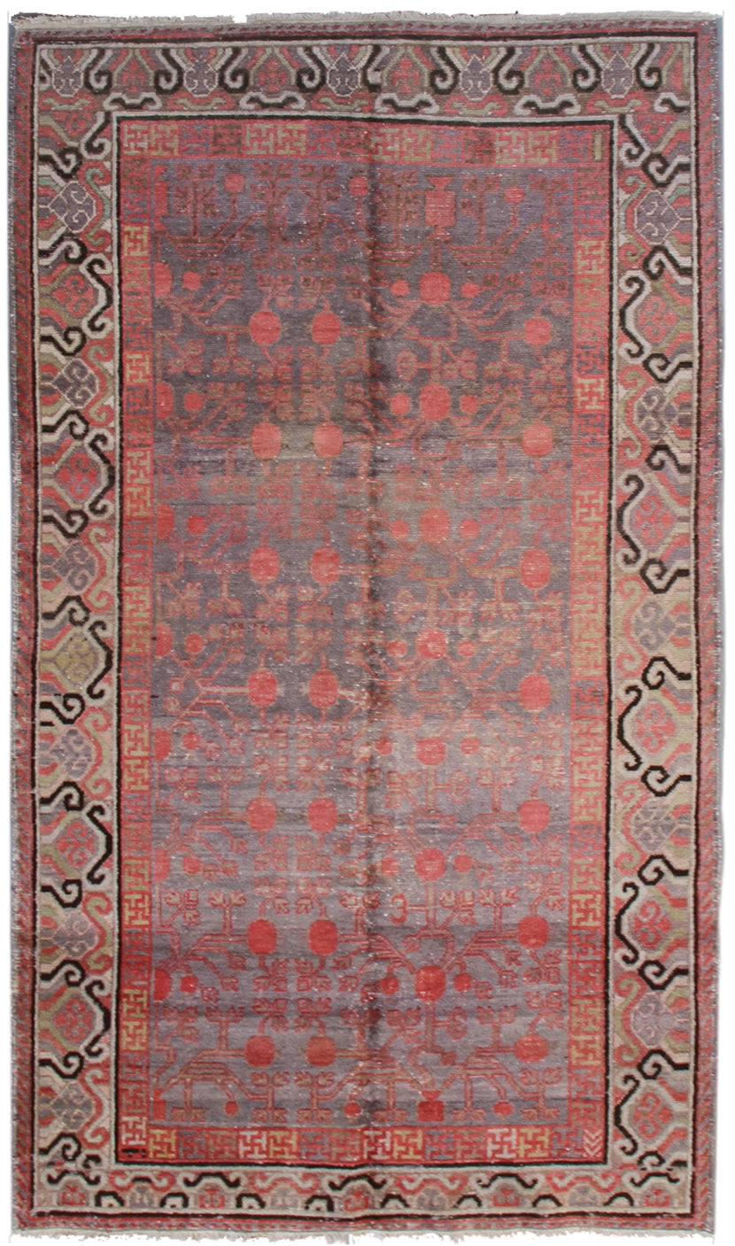 6.07 x 4.00 Grey Pink Ivory Vintage Antique Samarkand Khotan Area Rug with Pomegranate Design