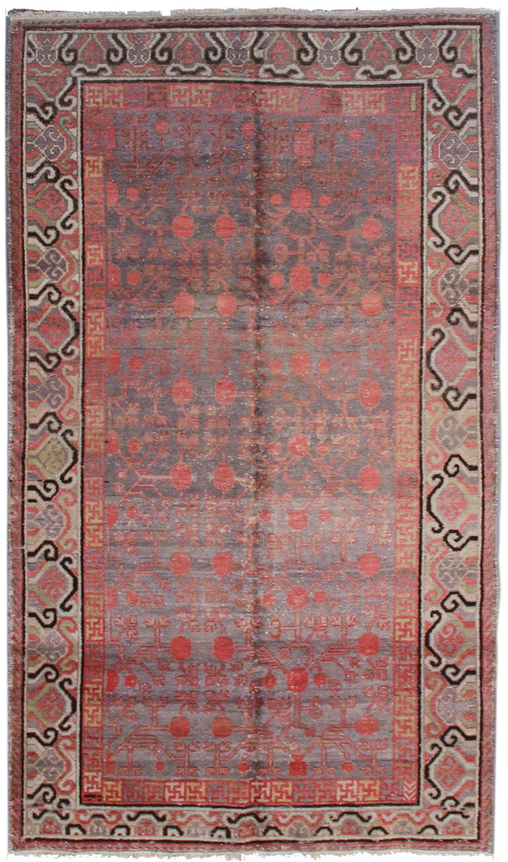4'x7' Grey Pink Ivory Vintage Antique Samarkand Khotan Area Rug with Pomegranate Design