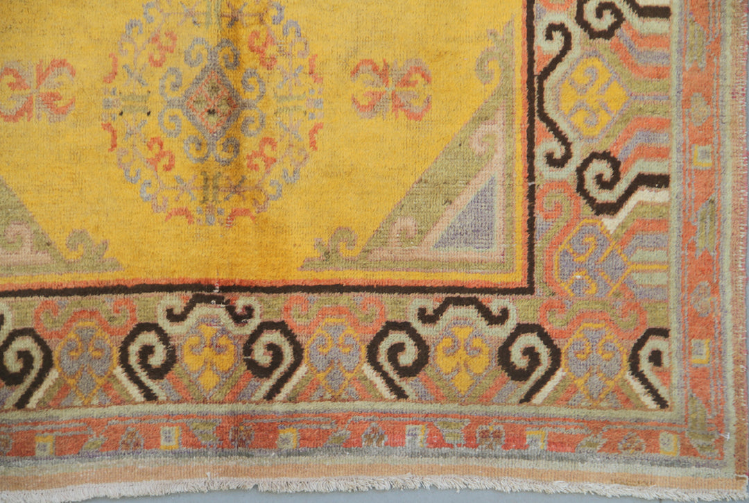 4'x8' Vintage Khotan Rug | Saffron Yellow | Medallions | East Turkistan