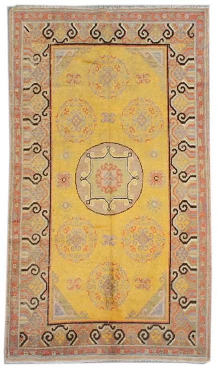 4'x8' Vintage Khotan Rug | Saffron Yellow | Medallions | East Turkistan