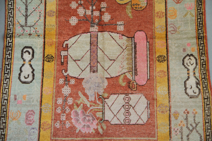 9'x4' Antique Samarkand Red Brown Ivory Gold Rug