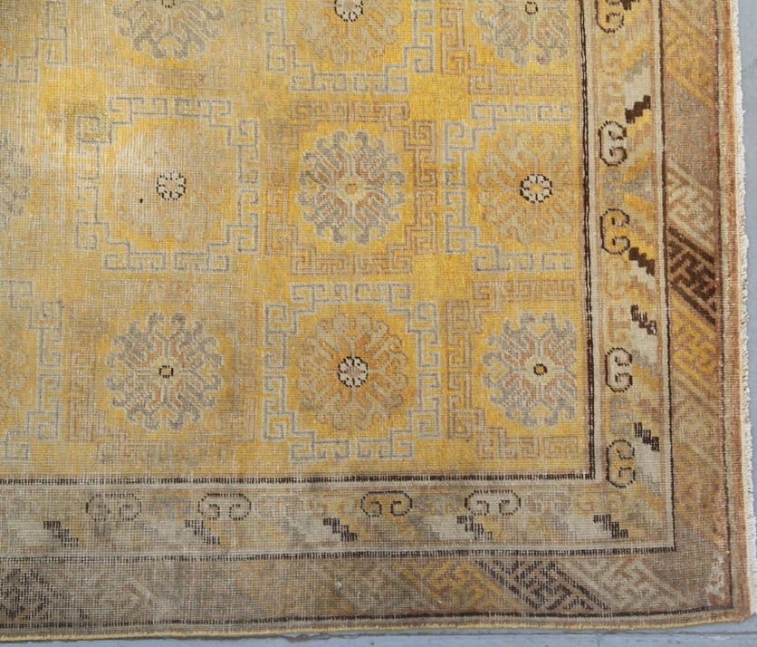 8.07 x 4.04 Yellow Gold Geometric Vintage Antique Samarkand Khotan Area Rug