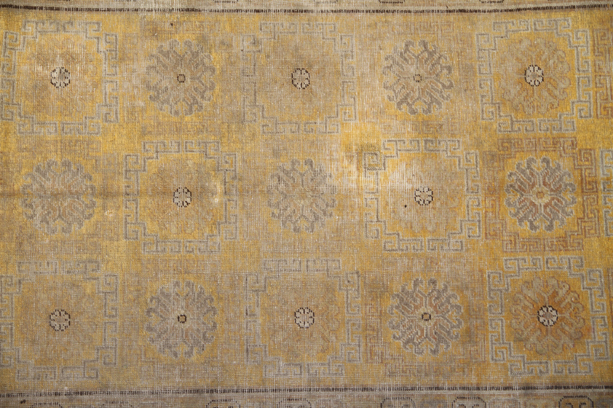 8.07 x 4.04 Yellow Gold Geometric Vintage Antique Samarkand Khotan Area Rug