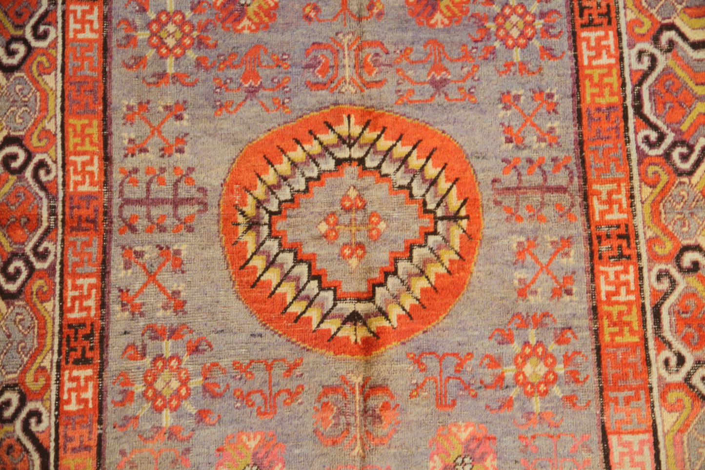 7.09 x 4.05 Grey Orange Black Vintage Antique Samarkand Khotan Area Rug
