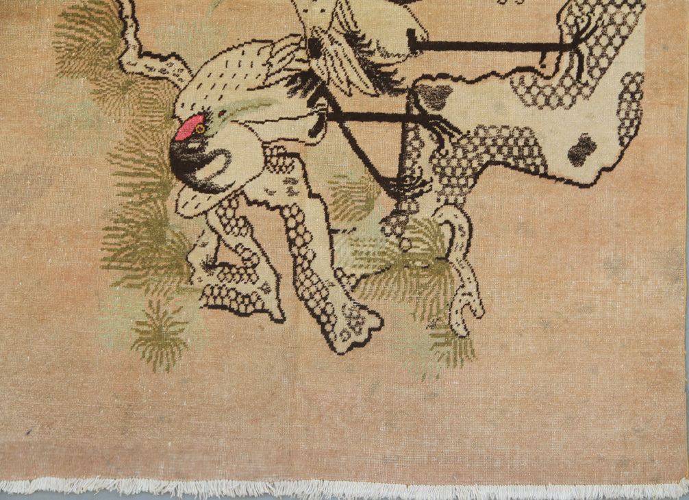 6.00 x 4.05 Pictorial Deer and Swans Pink Vintage Antique Samarkand Khotan Tapestry Rug