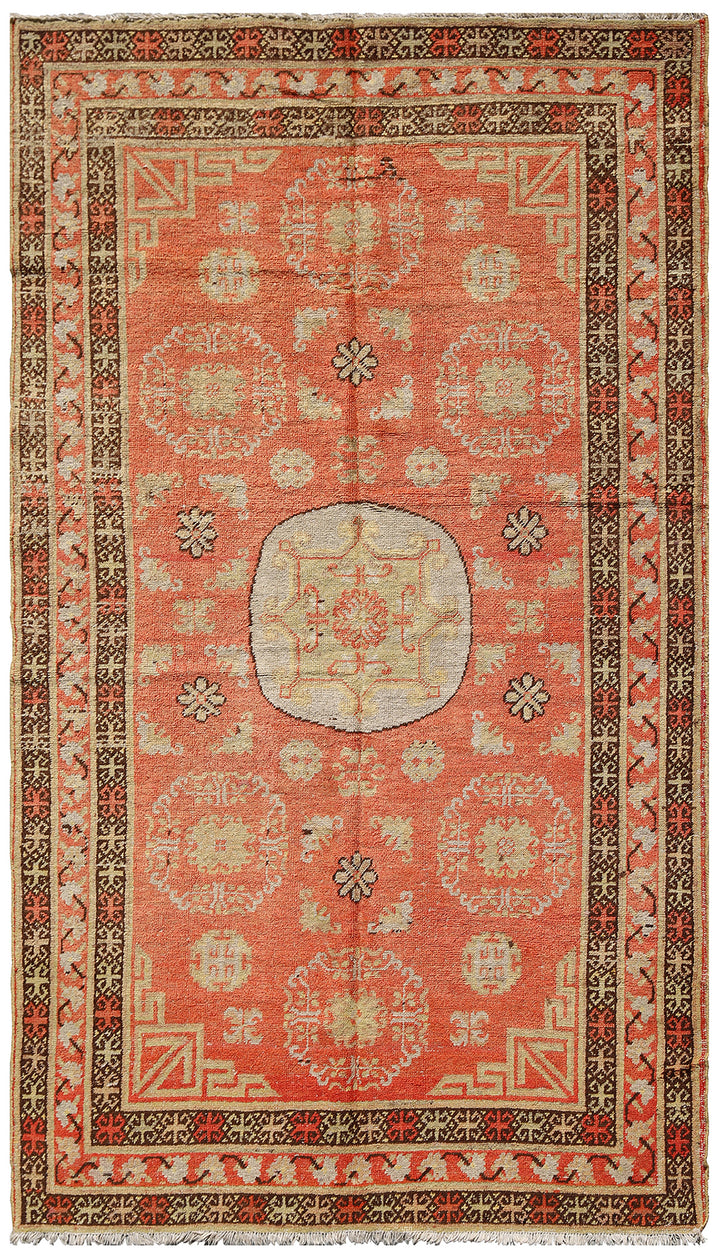 5'x8' Orange Balck Grey Medallion Design Vintage Samarkand Khotan Rug