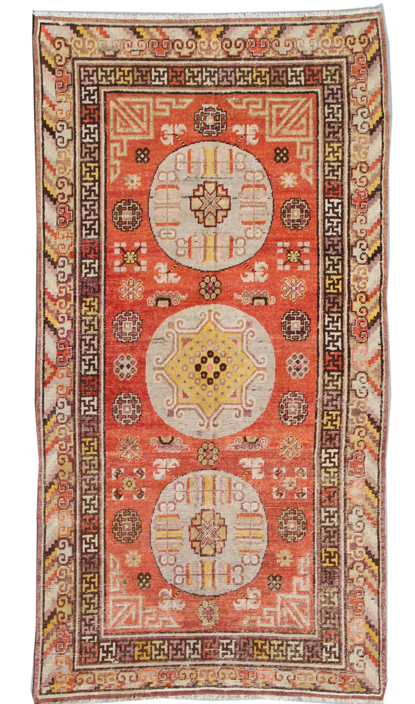 5'x9' Orange Red Aqua Medallion Vintage Antique Samarkand Khotan Area Rug