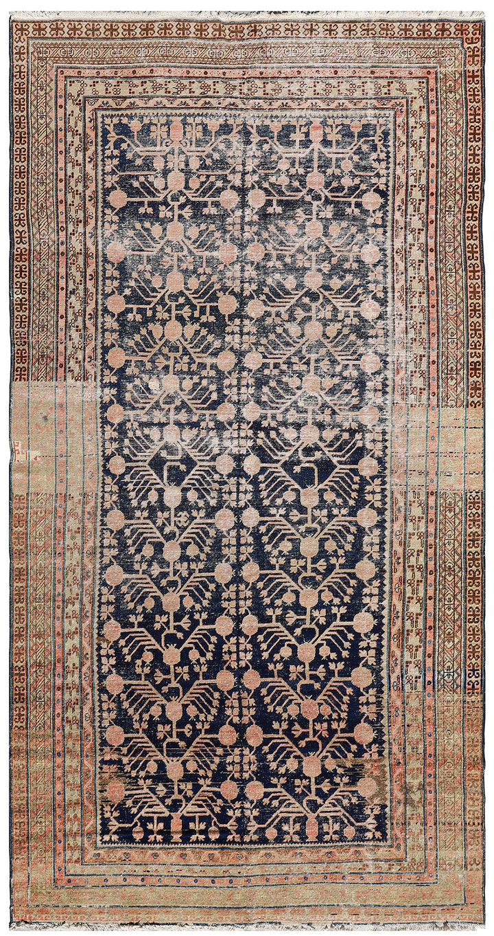 7'x13' Navy Pomegranate Design Antique Samarkand Khotan Area Rug