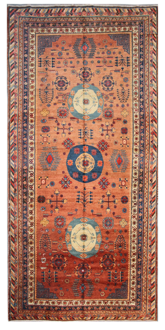 7'x13' Antique Medallion Peach Blue Ivory Samarkand Rug