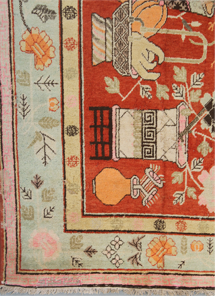 8.02 x 5.04 Vase Design Orange Green Vintage Antique Samarkand Tapestry Rug