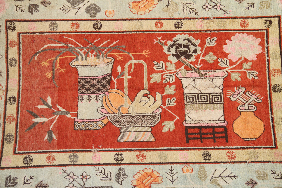 8.02 x 5.04 Vase Design Orange Green Vintage Antique Samarkand Tapestry Rug
