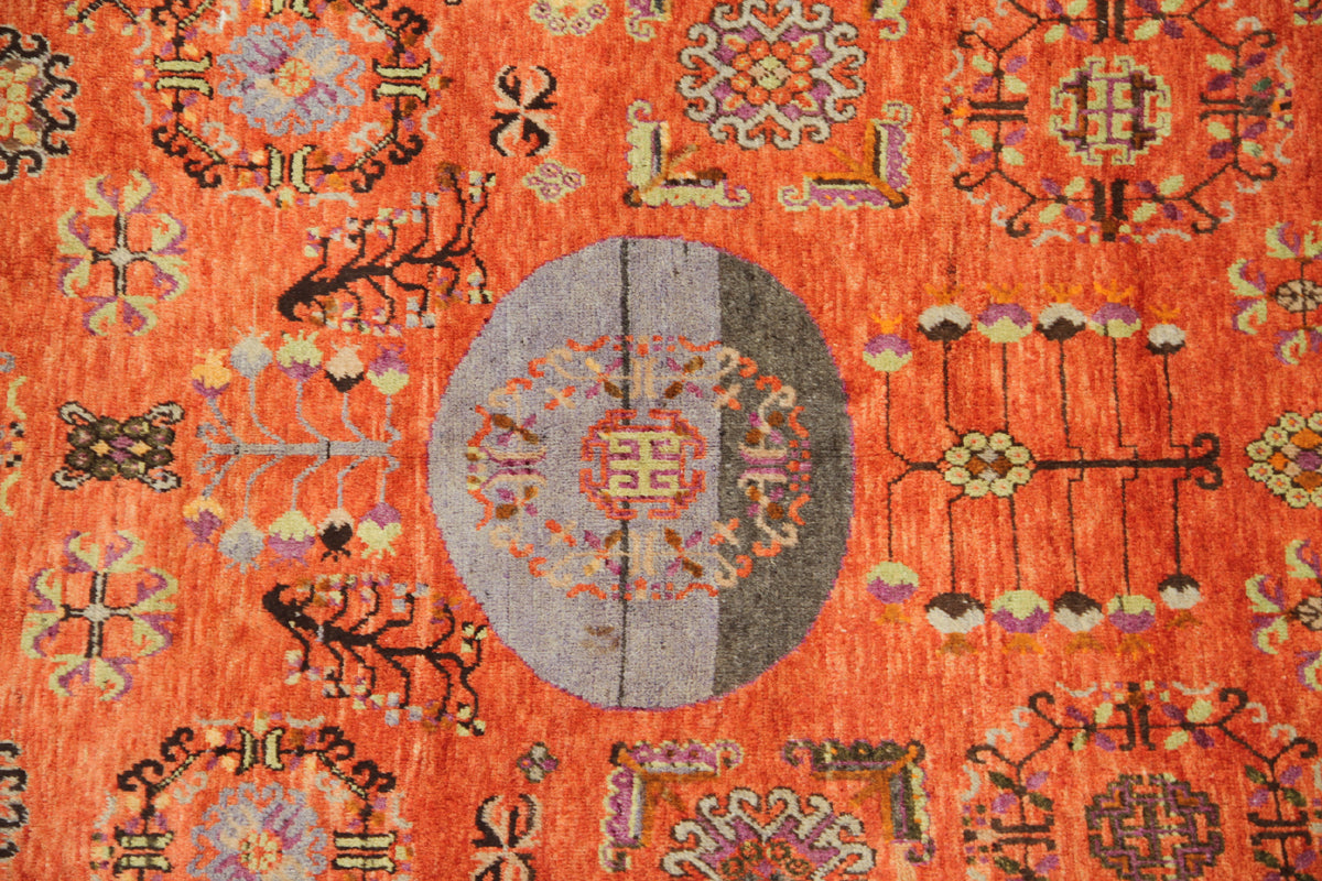 9.04 x 5.10 Vintage Orange Medallion Antique Samarkand Khotan Rug