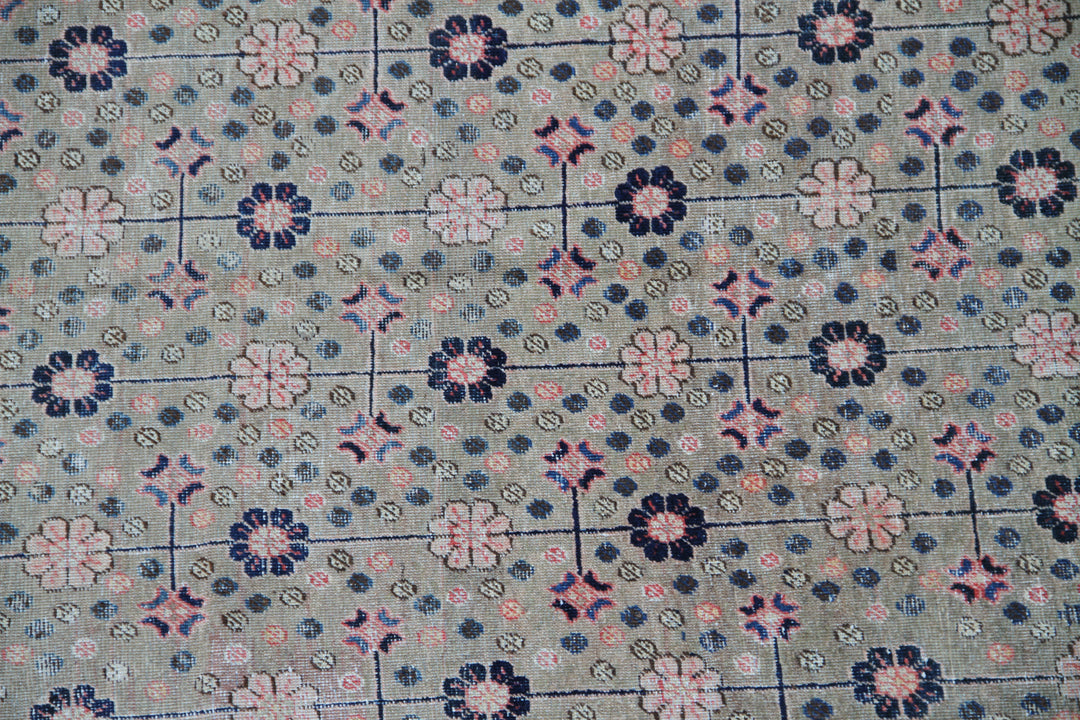 7'x13' Navy, Pink and Green Allover Pattern Antique Samarkand Rug