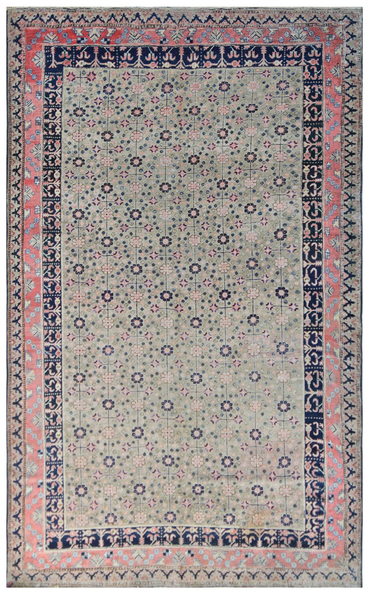 7'x13' Navy, Pink and Green Allover Pattern Antique Samarkand Rug