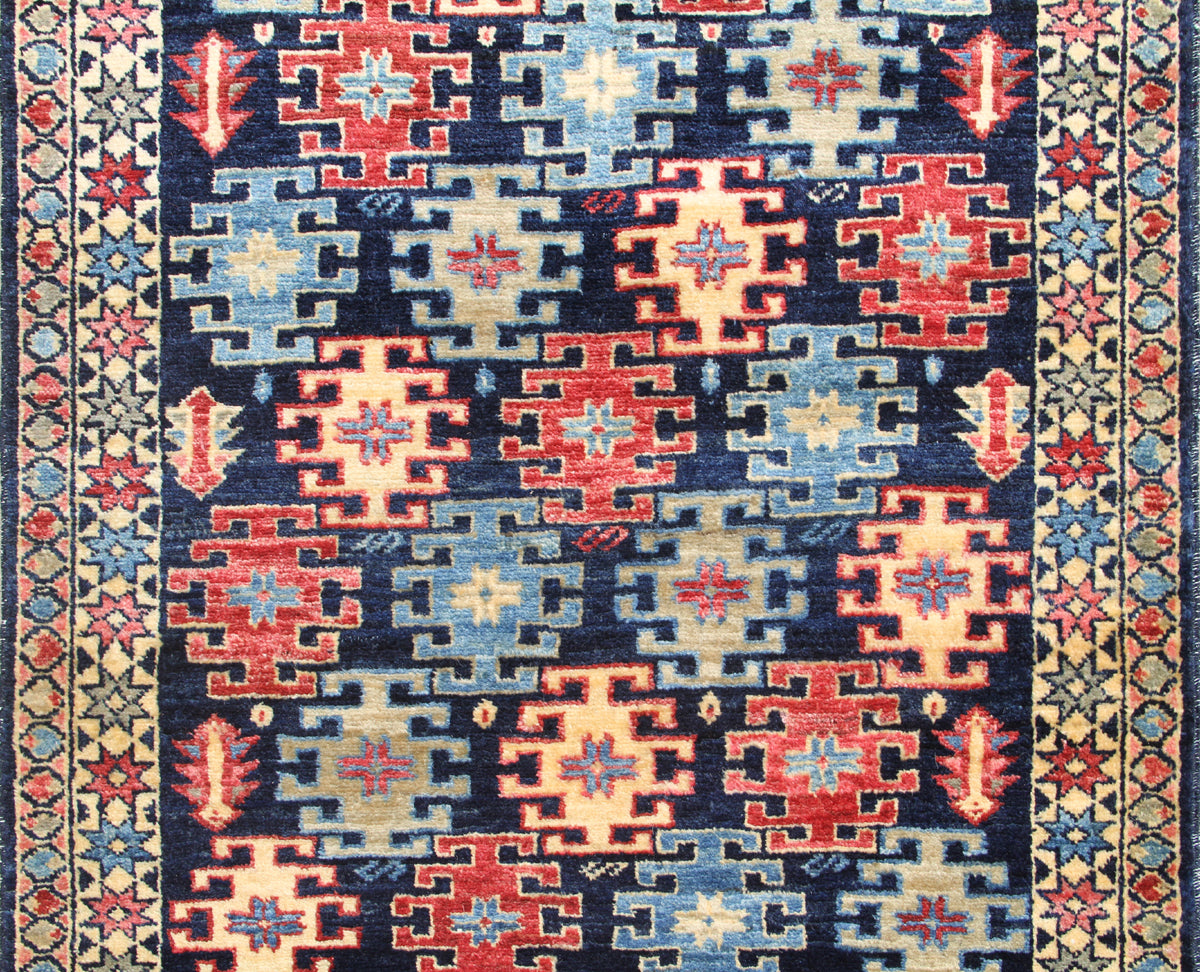 3'x11' Navy Red Light Blue Colorful Caucasian Design Ariana Traditional Runner Rug