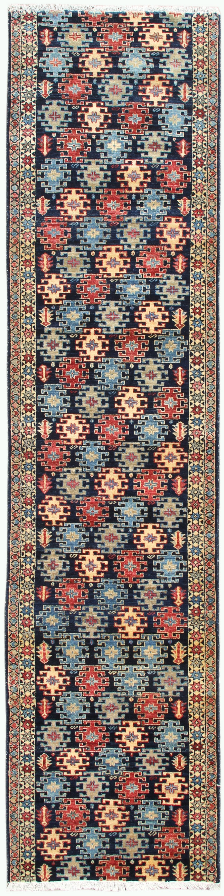 3'x11' Navy Red Light Blue Colorful Caucasian Design Ariana Traditional Runner Rug