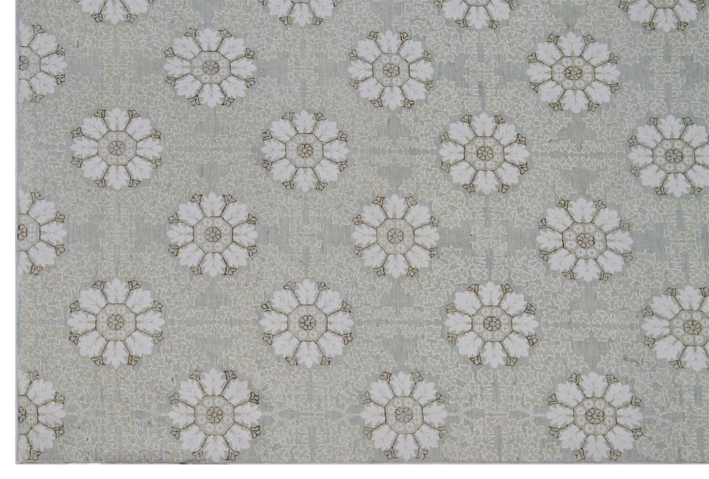 Afghan hand-knotted 5x16 transitional runner in soft icy blue organic wool with hand-spun cotton flowers by Ariana Rugs
