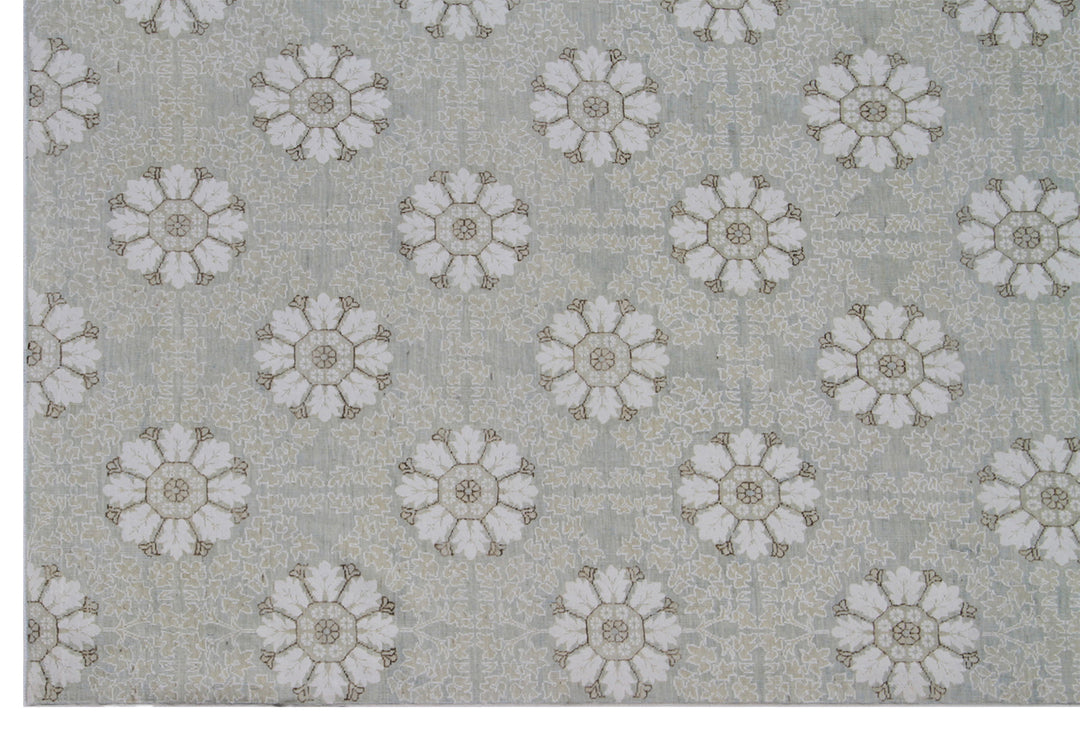Afghan hand-knotted 5x16 transitional runner in soft icy blue organic wool with hand-spun cotton flowers by Ariana Rugs