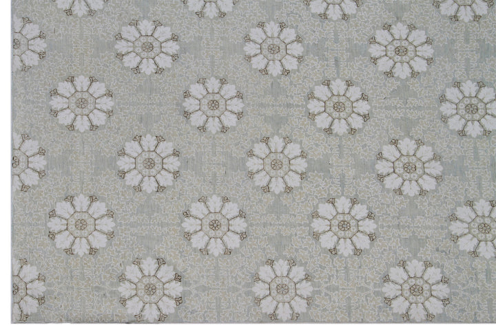 Afghan hand-knotted 5x16 transitional runner in soft icy blue organic wool with hand-spun cotton flowers by Ariana Rugs
