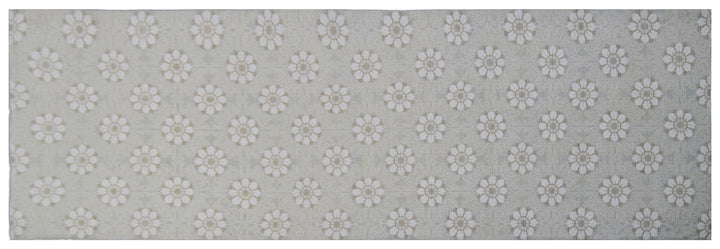 Afghan hand-knotted 5x16 transitional runner in soft icy blue organic wool with hand-spun cotton flowers by Ariana Rugs
