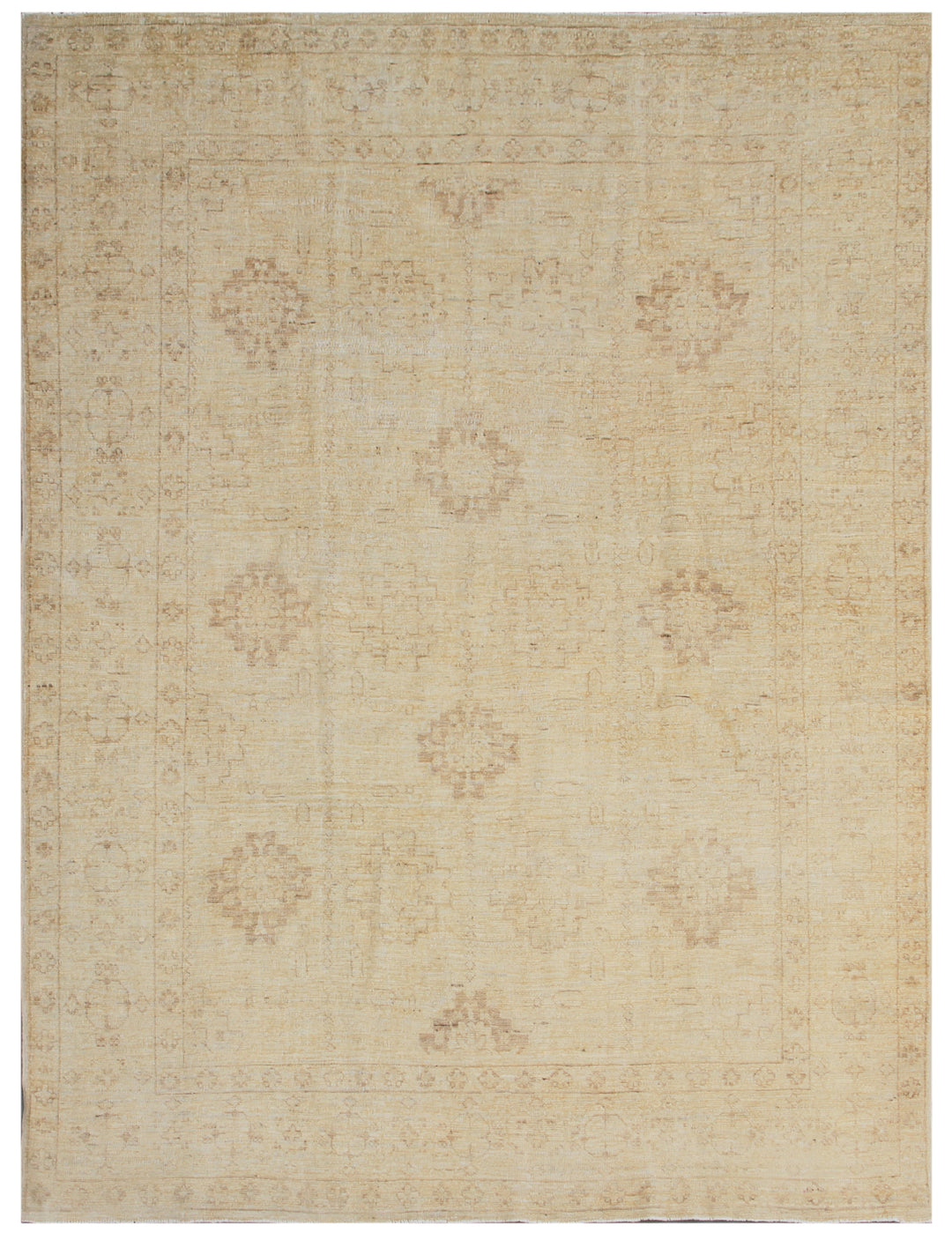 A beige traditional wool rug with a geometric pattern and soft washed-out colors, from the Ariana Vintage Collection.