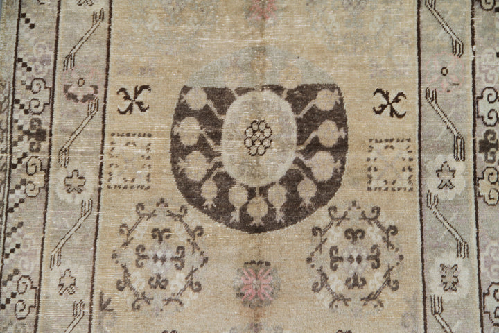 5'x8' Antique Khotan Small Rug | Central Medallion, Geometric Design, Rare Soft Beige Ground