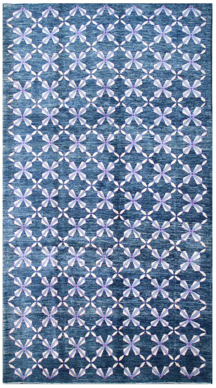 5'x9' Modern Afghan Hand-Knotted Rug | Geometric Design in Blue & Beige | Ariana Rugs