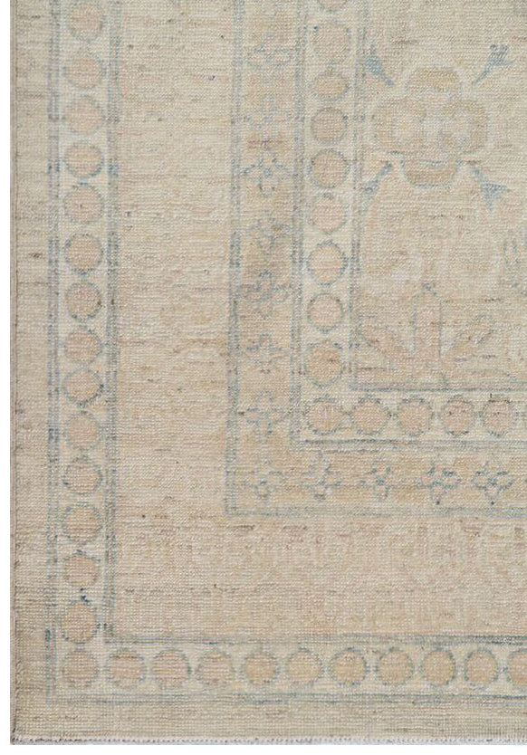 6’x9’ Ariana Transitional Hand-Knotted Wool Rug – Tans & Blues, Semi-Geometric Design