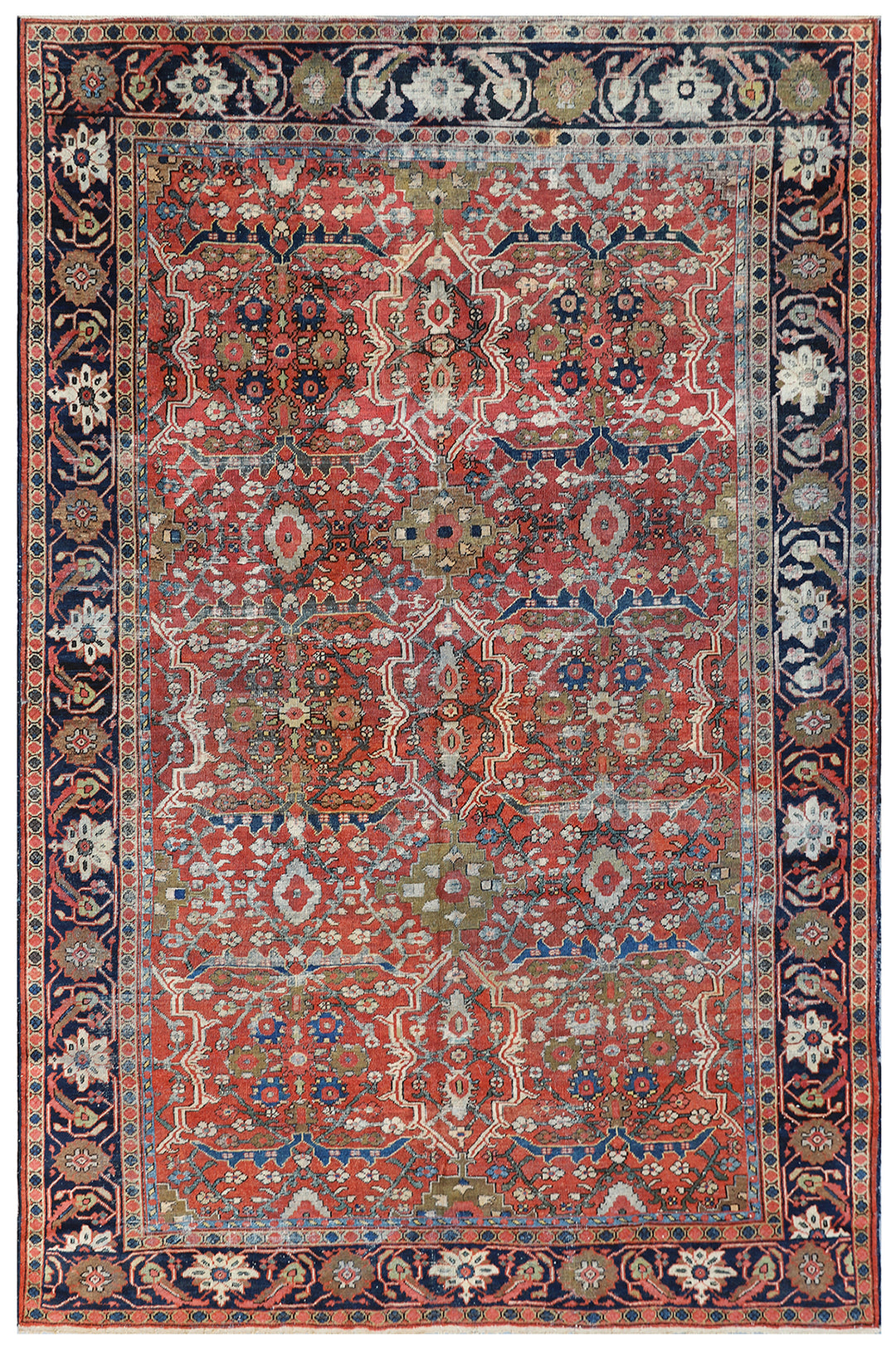 9'x12' Rust Blue Ivory Geometric Antique Persian Mahal Rug