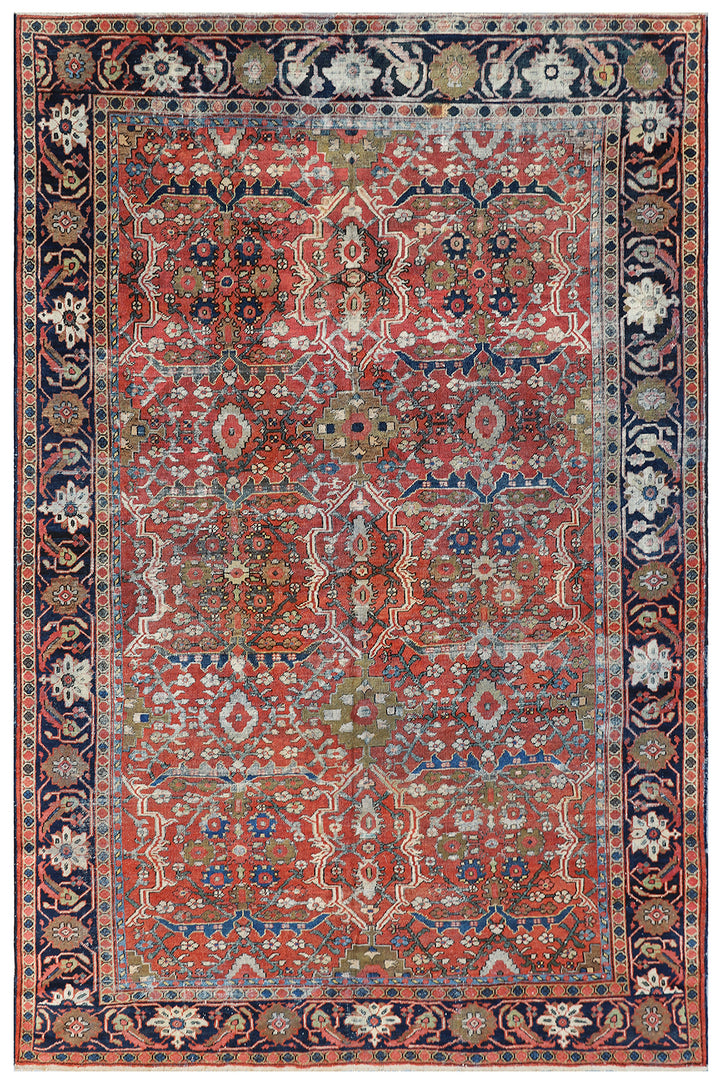 9'x12' Rust Blue Ivory Geometric Antique Persian Mahal Rug