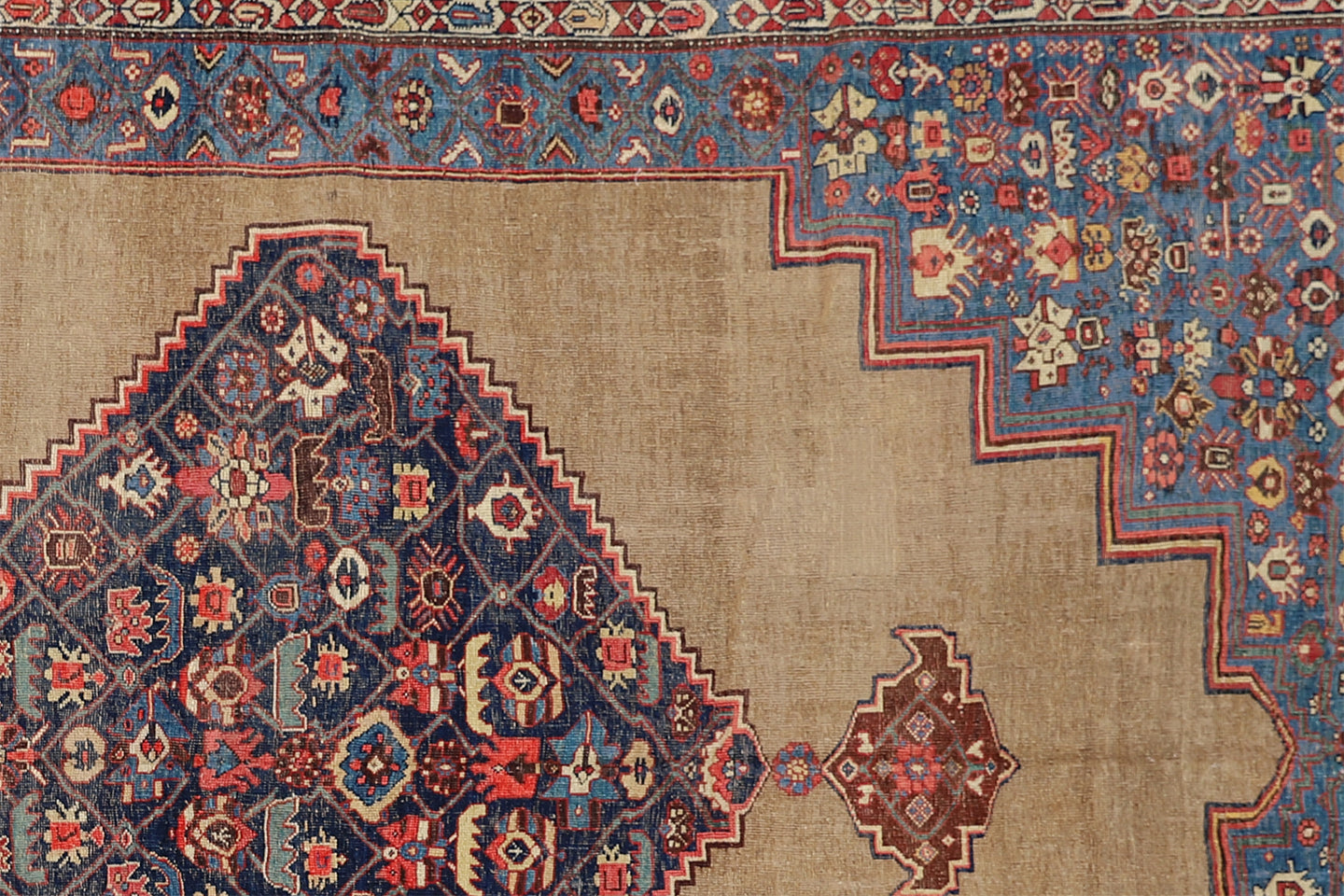 8'x11' All Wool Camel Hair Blue and Red Medalion Antique Halvai Bijar Rug