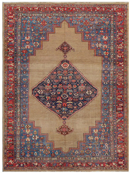 8'x11' All Wool Camel Hair Blue and Red Medalion Antique Halvai Bijar Rug