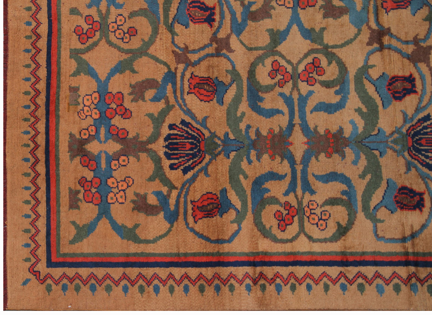 9'x13' Tan Brown Blue Floral Vintage English Art Deco Wool Rug