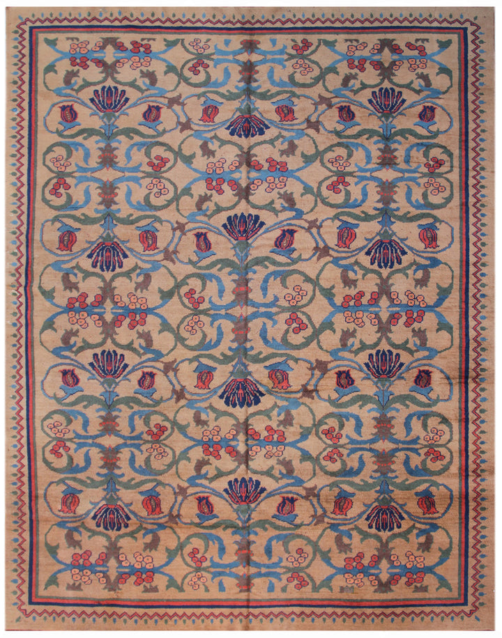 9'x13' Tan Brown Blue Floral Vintage English Art Deco Wool Rug