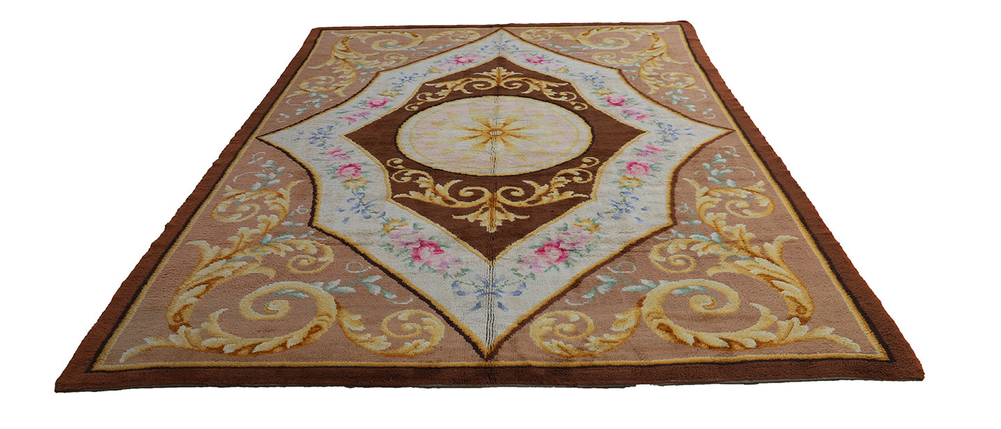 10'x13' Brown Gold Ivory Pink Antique Spanish Savonnerie Rug