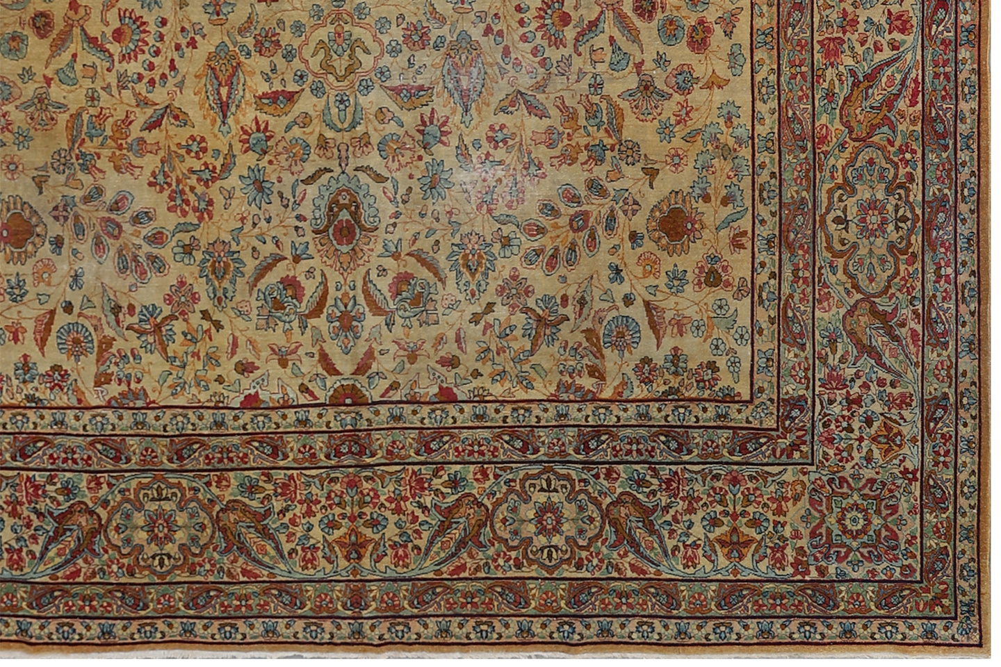 10'x16' Antique Gold Pink Blue Ivory Persian Kerman Rug